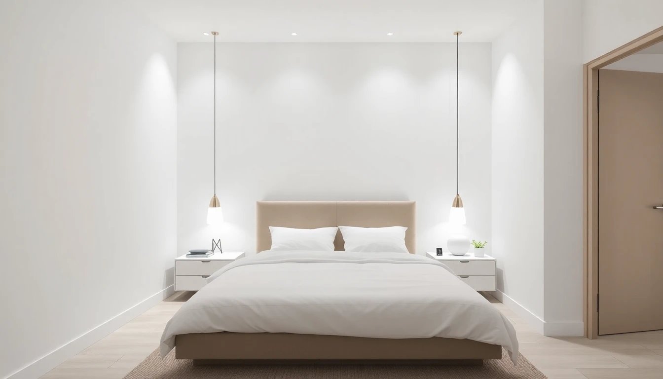 Minimalist bedroom painted in light tones